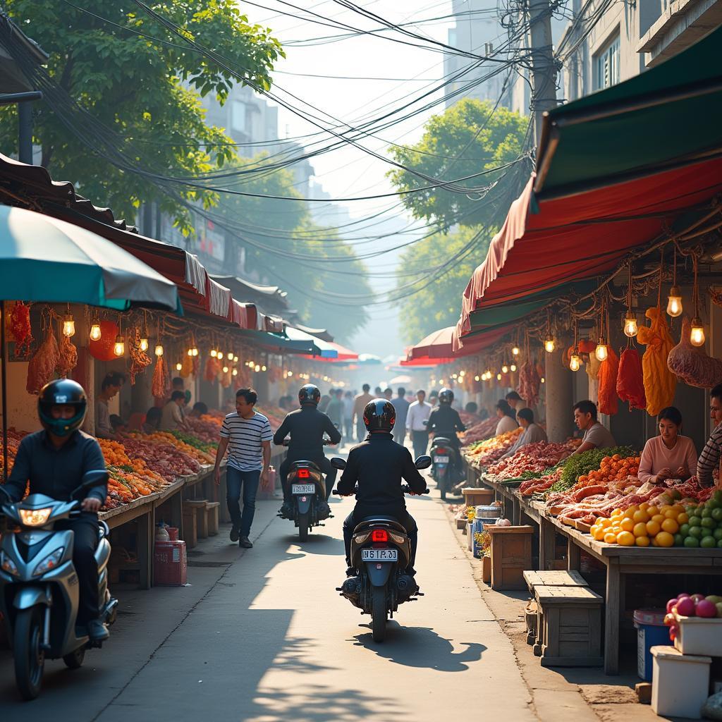 Hoạt động mua bán sôi động tại khu vực Chợ Vĩnh Hưng gần Phố Đông Thiên.